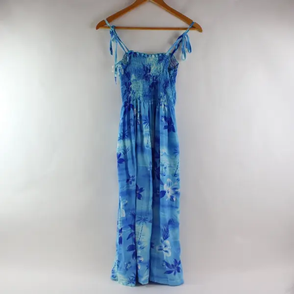 Two Palms Women's Blue Tropical Floral Smocked Midi Dress One Size