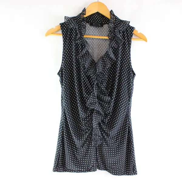 White House Black Market Women's Medium Black White Polka Dot Ruffle Top