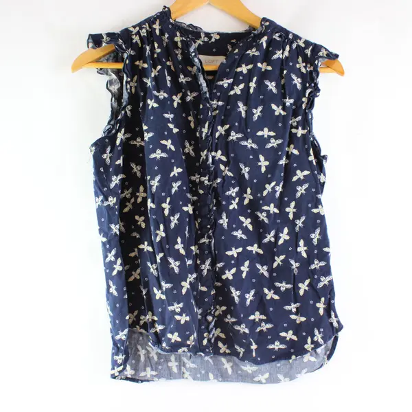 LOFT Women's Petite Small Navy Insect Print Ruffle Sleeve Button-Up Blouse