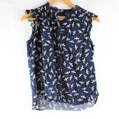 LOFT Women's Petite Small Navy Insect Print Ruffle Sleeve Button-Up Blouse
