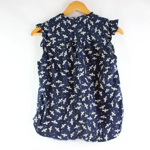 LOFT Women's Petite Small Navy Insect Print Ruffle Sleeve Button-Up Blouse