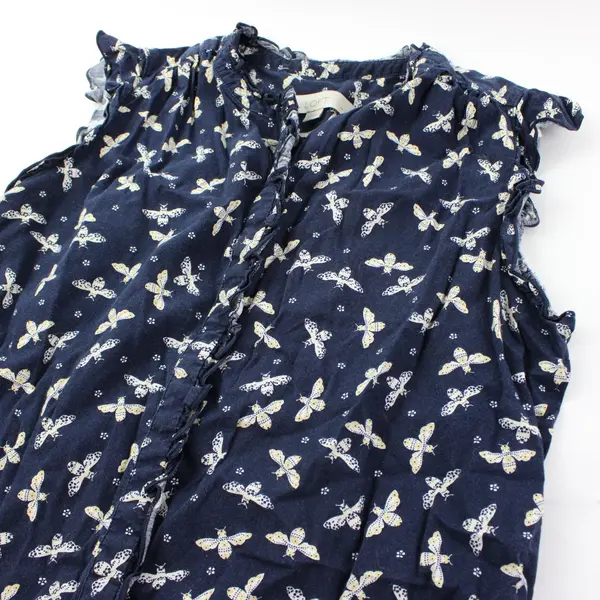 LOFT Women's Petite Small Navy Insect Print Ruffle Sleeve Button-Up Blouse