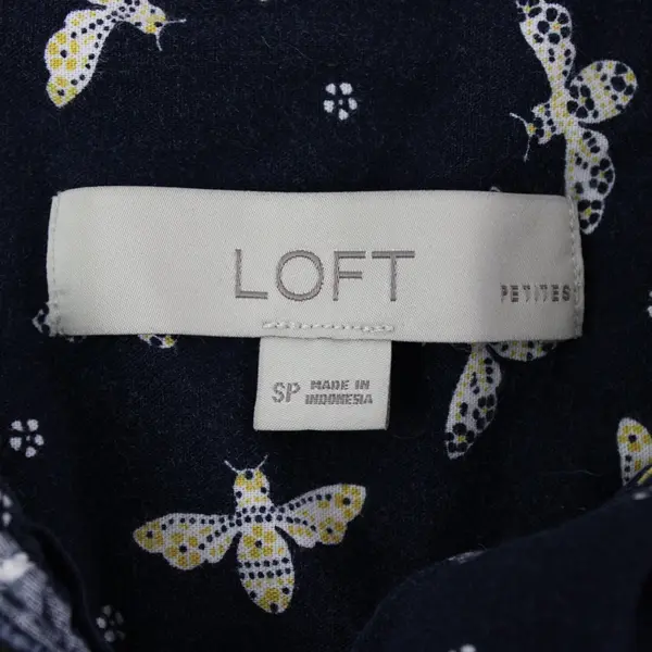 LOFT Women's Petite Small Navy Insect Print Ruffle Sleeve Button-Up Blouse