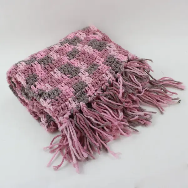 Handmade Textured Pink Gray Knit Scarf Chunky Fringe 45x9