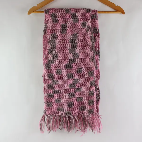 Handmade Textured Pink Gray Knit Scarf Chunky Fringe 45x9