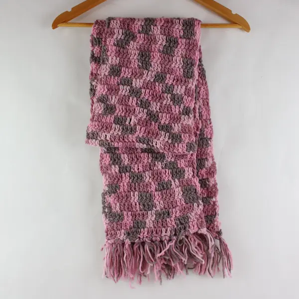 Handmade Textured Pink Gray Knit Scarf Chunky Fringe 45x9