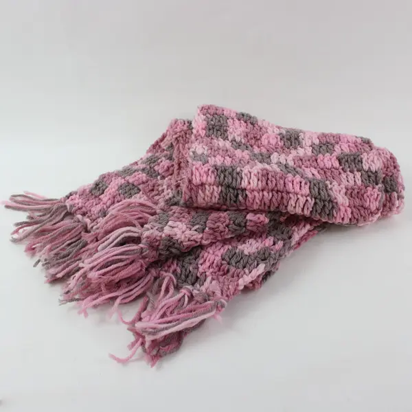 Handmade Textured Pink Gray Knit Scarf Chunky Fringe 45x9