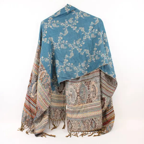 Pashmina-Style Shawl Wrap Scarf Teal Blue Paisley Floral Fringe