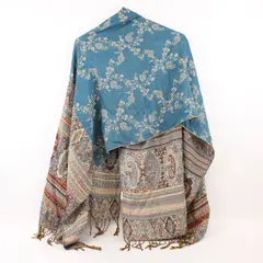 Pashmina-Style Shawl Wrap Scarf Teal Blue Paisley Floral Fringe
