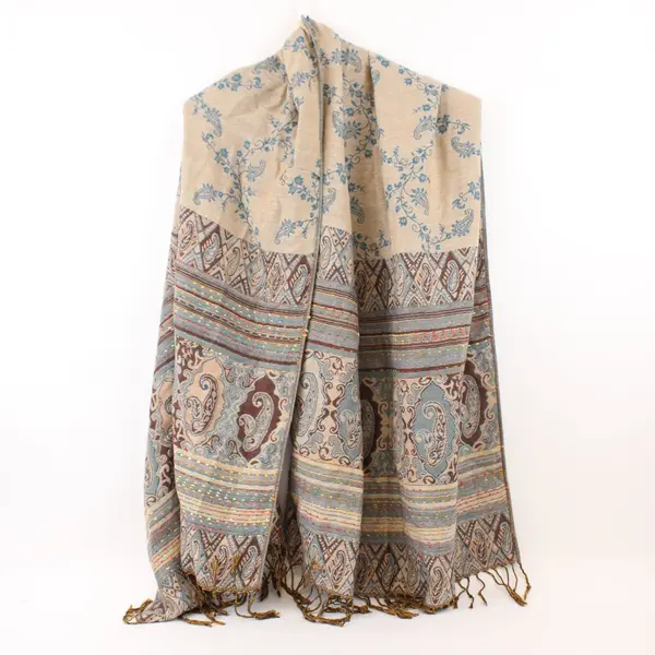Pashmina-Style Shawl Wrap Scarf Teal Blue Paisley Floral Fringe
