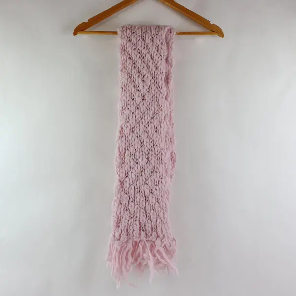 Women's Hand Knit Chunky Scarf Pale Pink Open Knit Fringe Handmade
