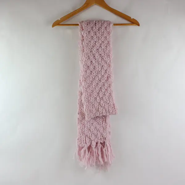 Women's Hand Knit Chunky Scarf Pale Pink Open Knit Fringe Handmade