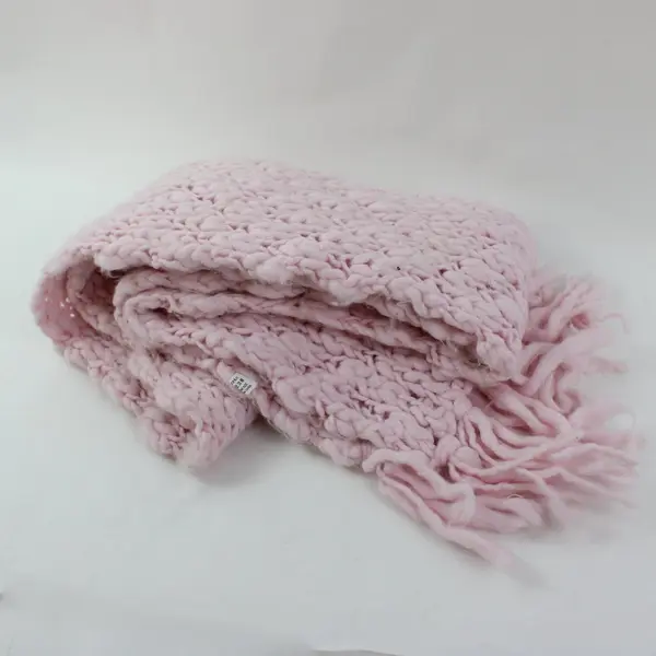 Women's Hand Knit Chunky Scarf Pale Pink Open Knit Fringe Handmade