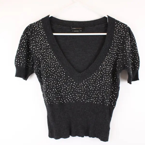BCBG Max Azria Women's XS Charcoal Gray Sequin V-Neck Knit Top