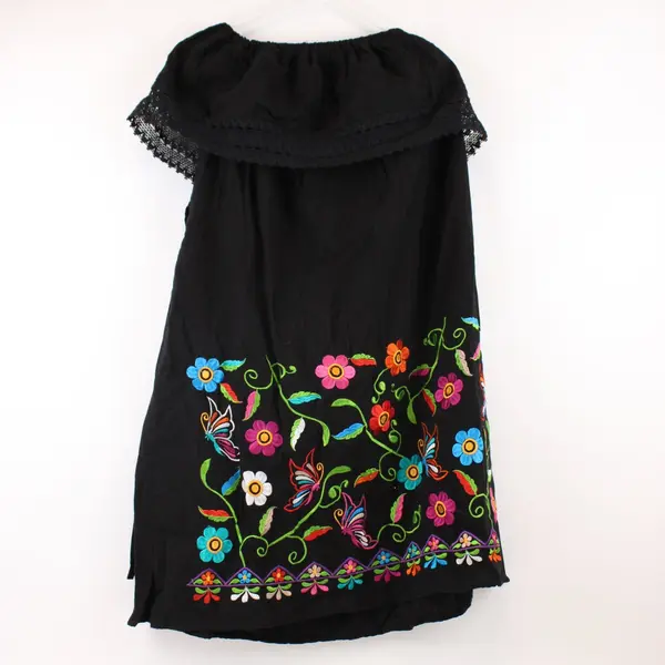 Women's Large Black Floral Butterfly Embroidered Sleeveless Knee-Length Dress