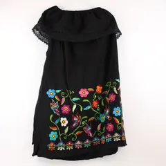 Women's Large Black Floral Butterfly Embroidered Sleeveless Knee-Length Dress