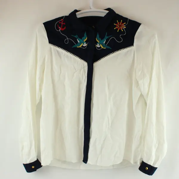 Sugarhill Women's Size 6 Western Button-Up White Navy Nautical Bird FLAW