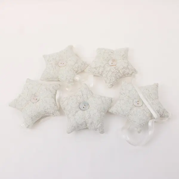 Set of 5 White Floral Fabric Star Ornaments Pearl Buttons