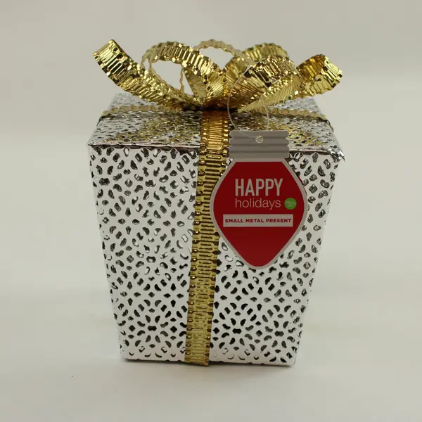 Happy Holidays Light Up Metal Present Silver Gold Christmas Decor 6.5''