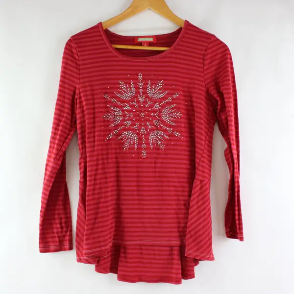 Holiday Traditions Women's M Bedazzled Snowflake Red Striped Shirt
