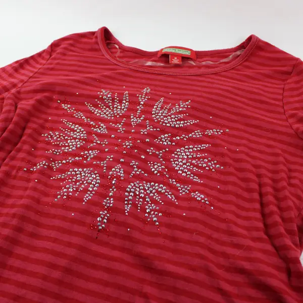 Holiday Traditions Women's M Bedazzled Snowflake Red Striped Shirt