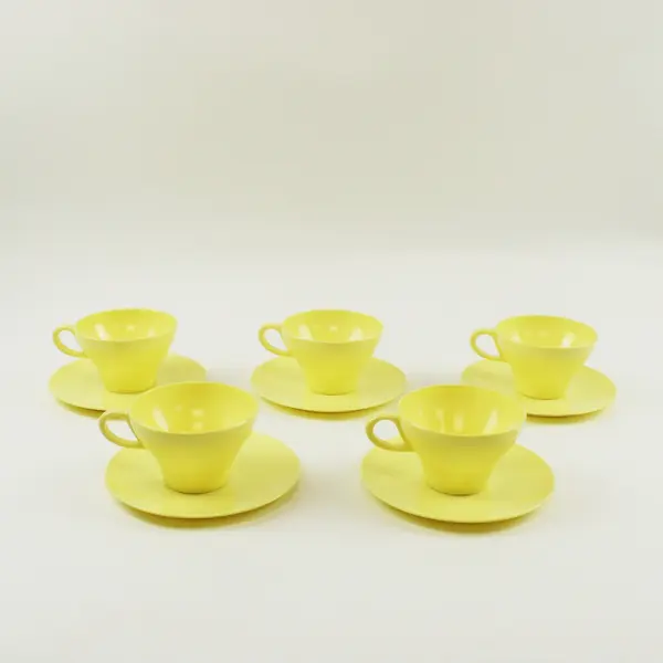 Set of 5 Yellow Melamine Coffee Tea Cups and Saucers