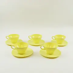 Set of 5 Yellow Melamine Coffee Tea Cups and Saucers