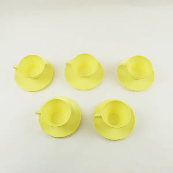 Set of 5 Yellow Melamine Coffee Tea Cups and Saucers