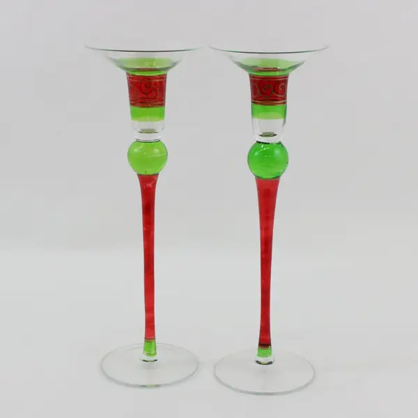 Pier 1 Imports Bohemian Art Glass Taper Candle Stick Holders Red Gold Green 12”
