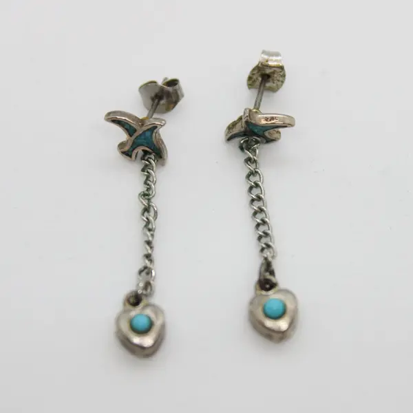 Silver Tone Turquoise Bird Heart Dangle Earrings