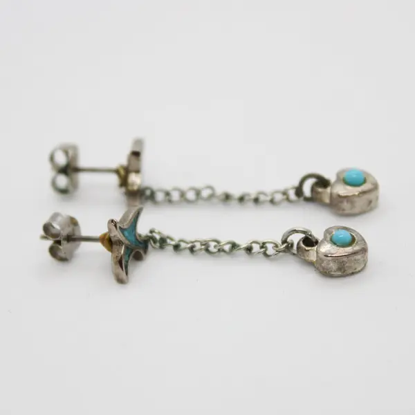 Silver Tone Turquoise Bird Heart Dangle Earrings