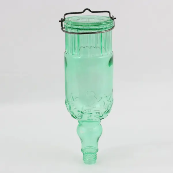 Green Glass Hummingbird Feeder Bottle Embossed 9 Inch