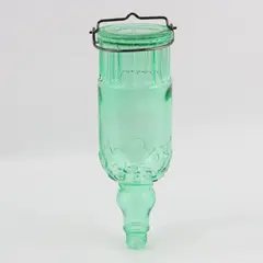 Green Glass Hummingbird Feeder Bottle Embossed 9 Inch