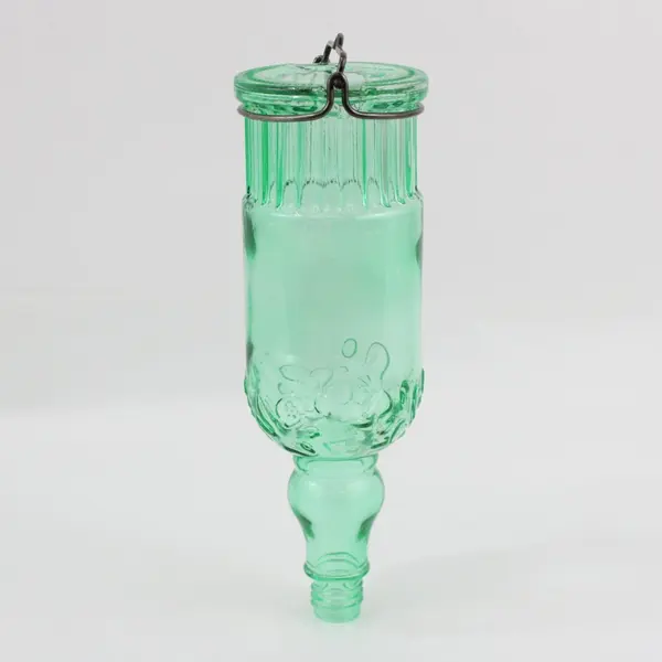 Green Glass Hummingbird Feeder Bottle Embossed 9 Inch