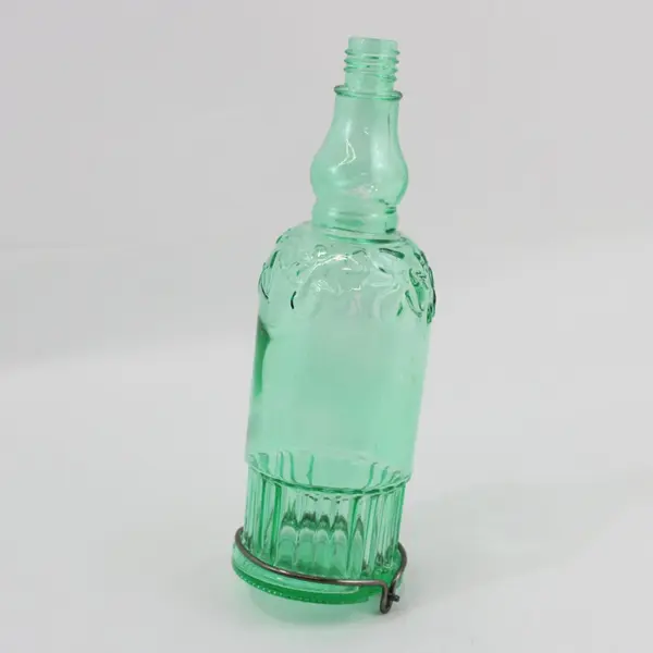 Green Glass Hummingbird Feeder Bottle Embossed 9 Inch