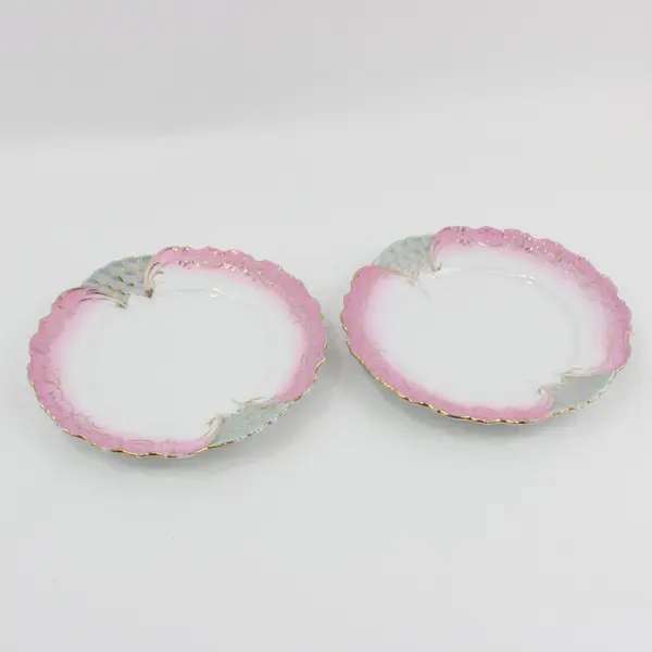 Set of 2 Pink White Porcelain Plates Blue Honeycomb Gold Trim