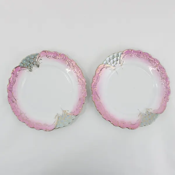 Set of 2 Pink White Porcelain Plates Blue Honeycomb Gold Trim