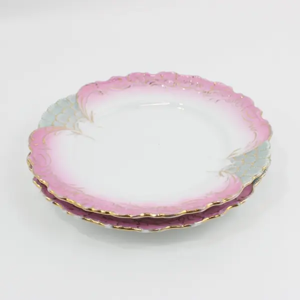 Set of 2 Pink White Porcelain Plates Blue Honeycomb Gold Trim