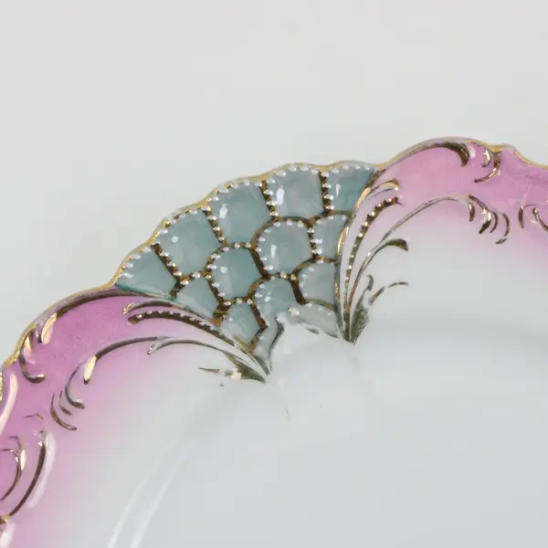 Set of 2 Pink White Porcelain Plates Blue Honeycomb Gold Trim