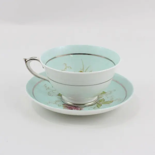 Paragon Light Blue Bone China Cup And Saucer Peonies & Daisies