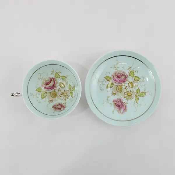 Paragon Light Blue Bone China Cup And Saucer Peonies & Daisies