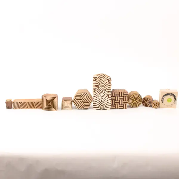 Lot of 11 Wooden Block Printing Stamps Spiral Geometric