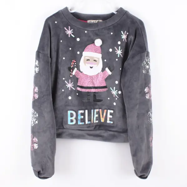 It's Our Time Santa Claus Girls Fuzzy Long Sleeve Top Gray XS 6/6X