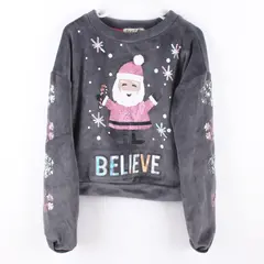 It's Our Time Santa Claus Girls Fuzzy Long Sleeve Top Gray XS 6/6X