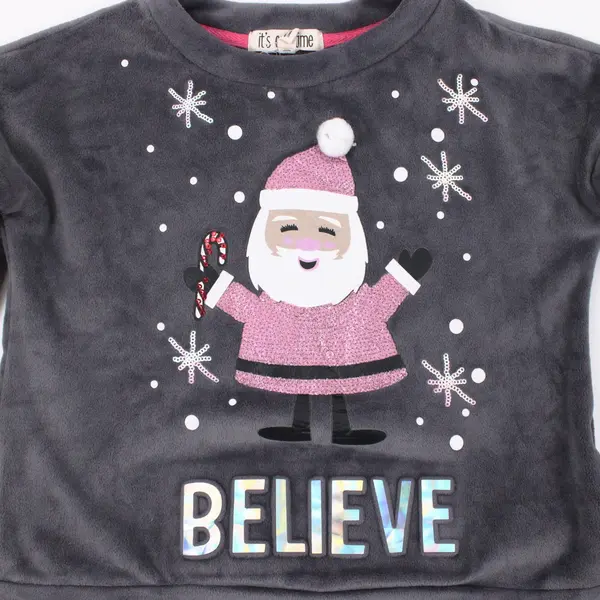 It's Our Time Santa Claus Girls Fuzzy Long Sleeve Top Gray XS 6/6X