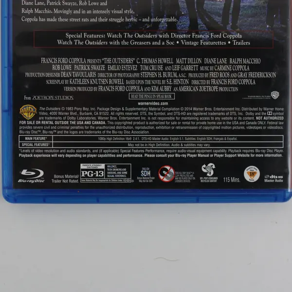 The Outsiders: The Complete Novel Blu-ray 1983 Coppola Pre-Owned