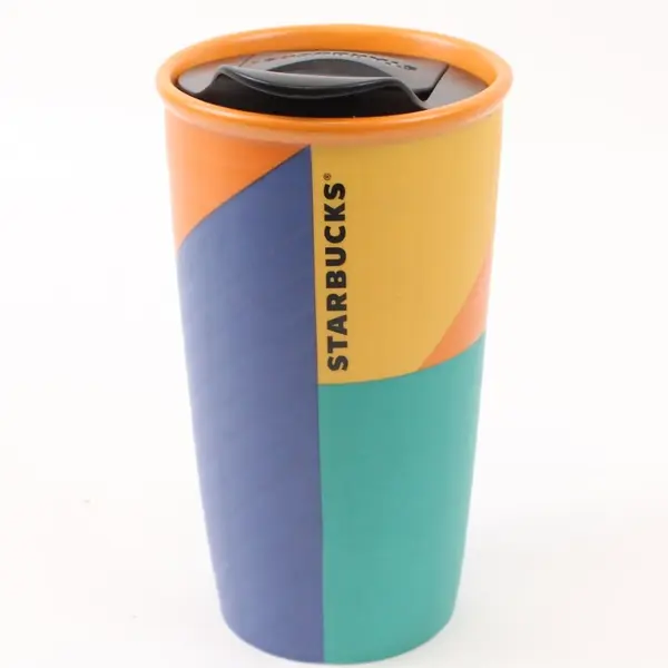 Starbucks 10oz Ceramic Travel Tumbler Orange Teal Purple Flat Oval Accent