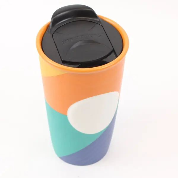Starbucks 10oz Ceramic Travel Tumbler Orange Teal Purple Flat Oval Accent