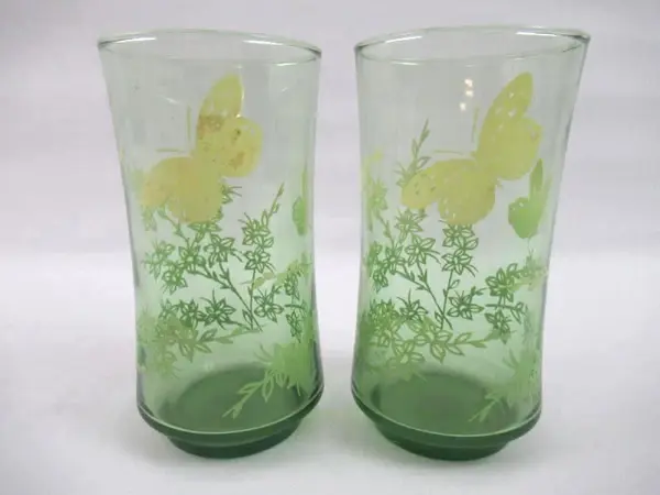 Libbey Vintage Green Juice Glasses Butterfly Floral Set of 2