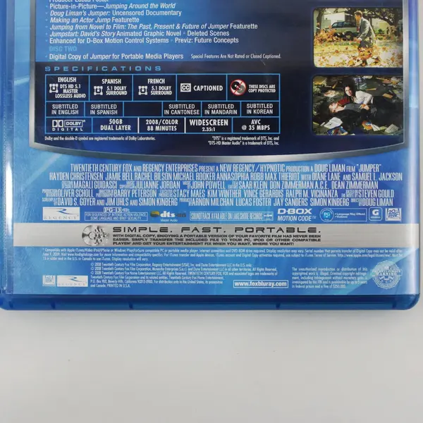 Jumper Blu-ray Disc 2008 Hayden Christensen Sci-Fi Action